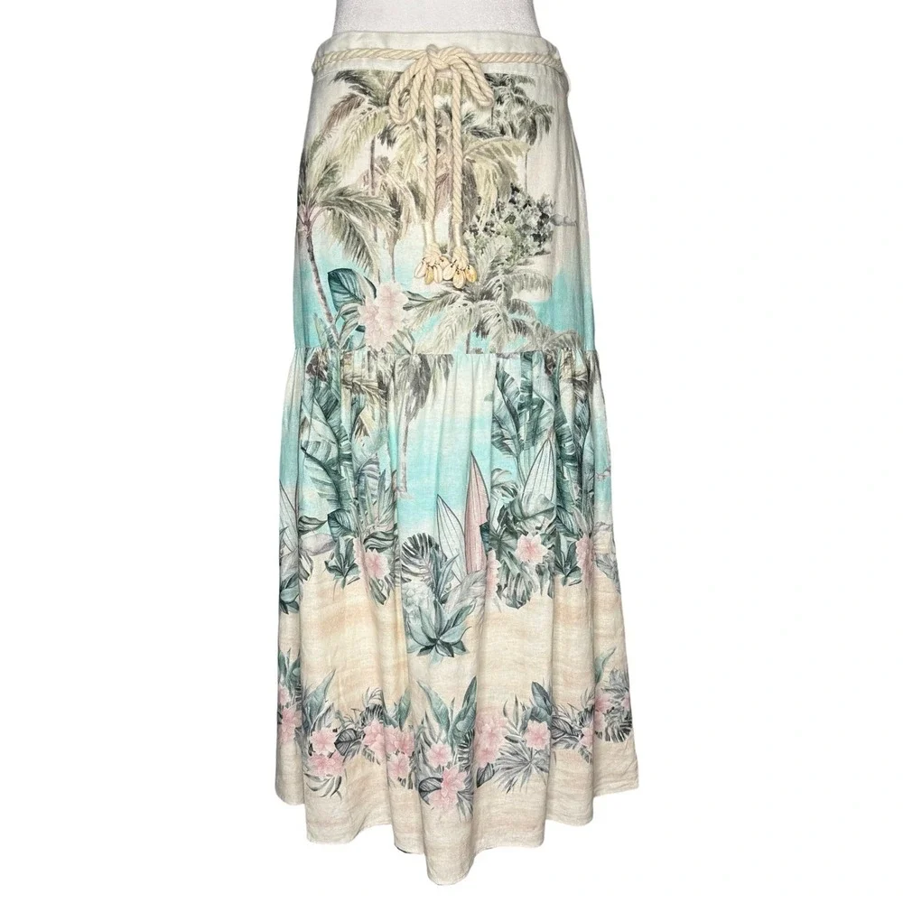 Joie Midi Skirt Tiered‎ Medium Linen Blend Rope Shell Belt Hawaiian Beach Pastel